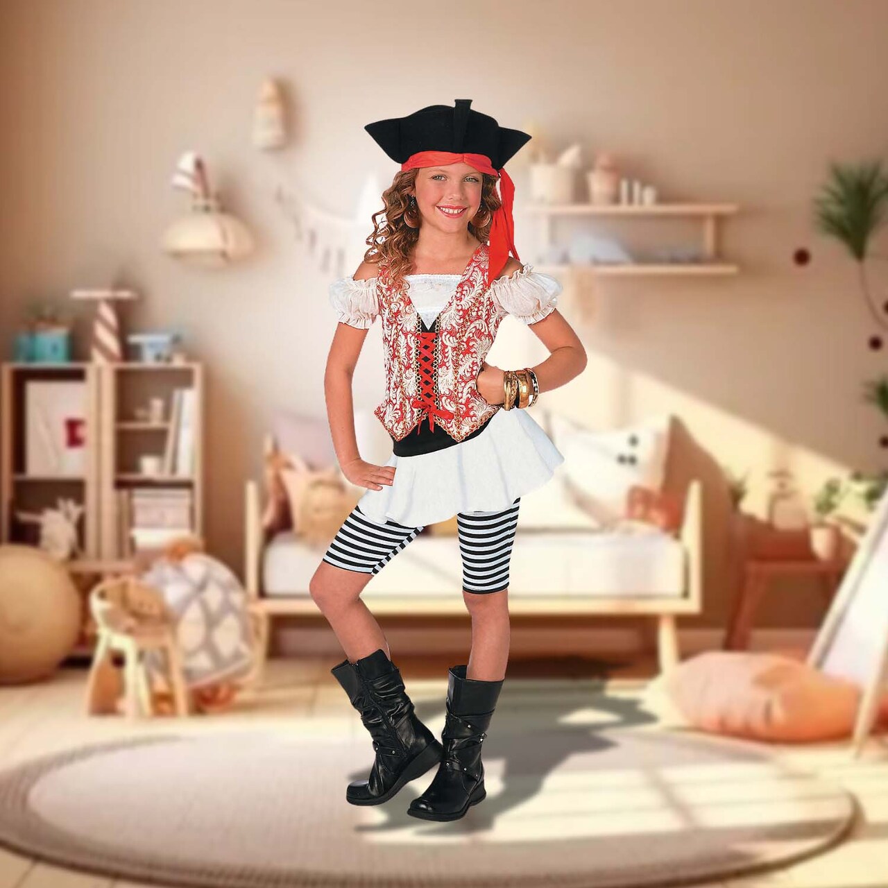 Girls Swashbuckler Pirate Costume with Dress Hat and Striped Leggings for Halloween